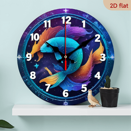 A 10-inch 2D flat Pisces theme wooden silent wall clock is an excellent choice for Halloween/Easter/Christmas gifts and is suitable for modern home decoration art.