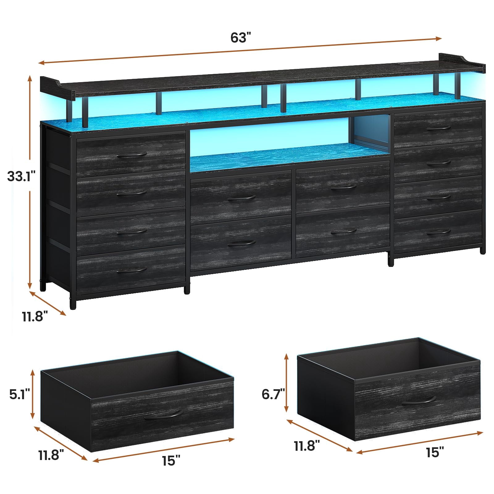 Afuhokles 12 Drawers TV Stand Dresser for 65/70 inch TV with LED Light, Entertainment Center with LED Lights and Power Outlets, 63" TV Console Table for Bedroom, Black