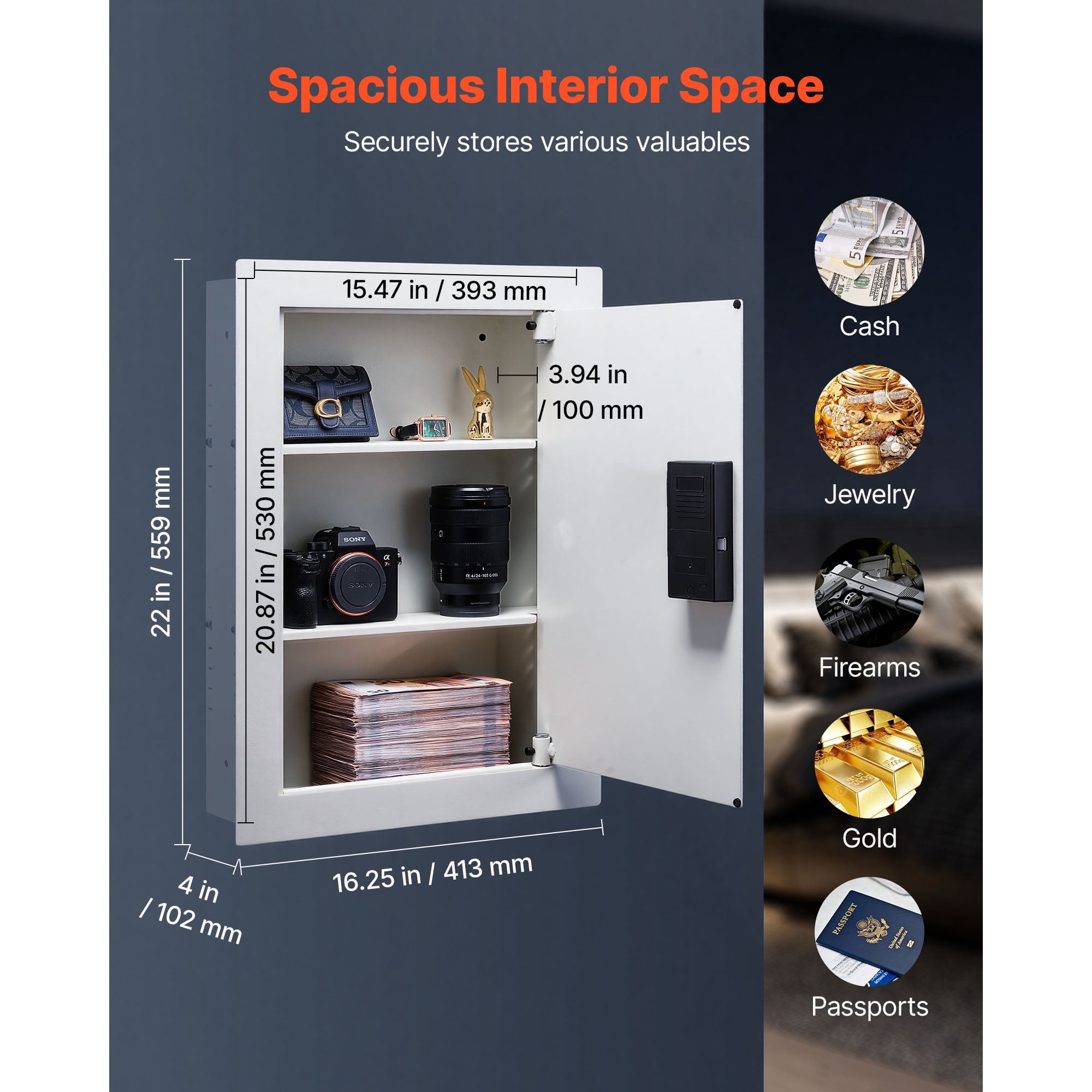 KFFKFF 0.83 sq.ft Wall Safe, 3-Tier Hidden Safe with Password, Key & Turning Knob, Q235 Cold-Rolled Steel In-Wall Storage with Adjustable Shelves & Mounting Holes for Valuables, White