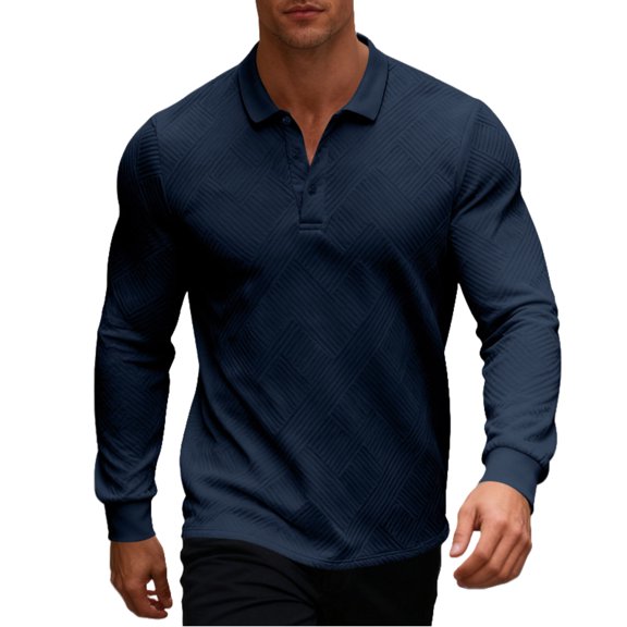 Men's Casual Lapel Polo Shirt T-Shirt Slim Fit Ribbed Long Sleeve Base Shirt for Men, Ideal for Casual Wear and Base Layer Outfits,Navy,S