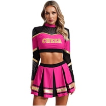 TiaoBug Women Cheer Leader Uniform Dance Cheerleading Costume Long Sleeve Crop Top with Mini Skirt Hot Pink XL