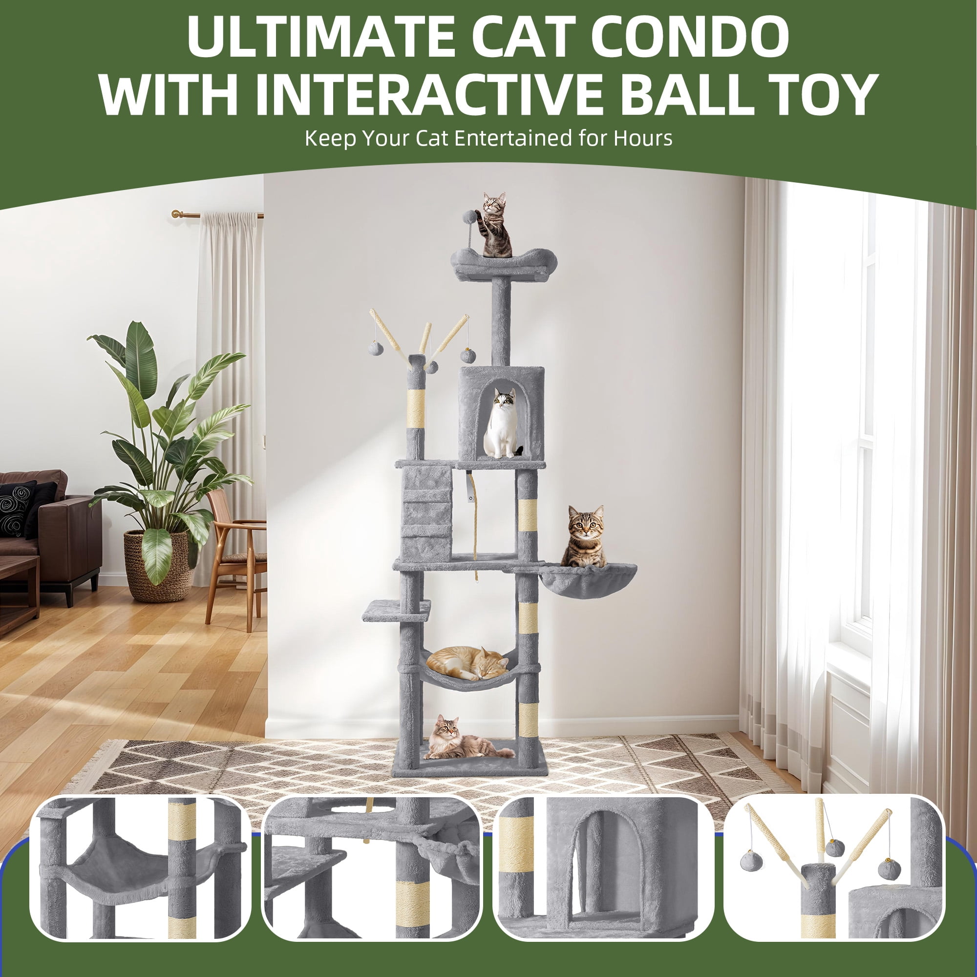 Uforic 64.5" Cat Tree Tower,Multi-Level Play Tower Condo  with Scratching Posts&Perch Hammock for Indoor Cats, Light Gray