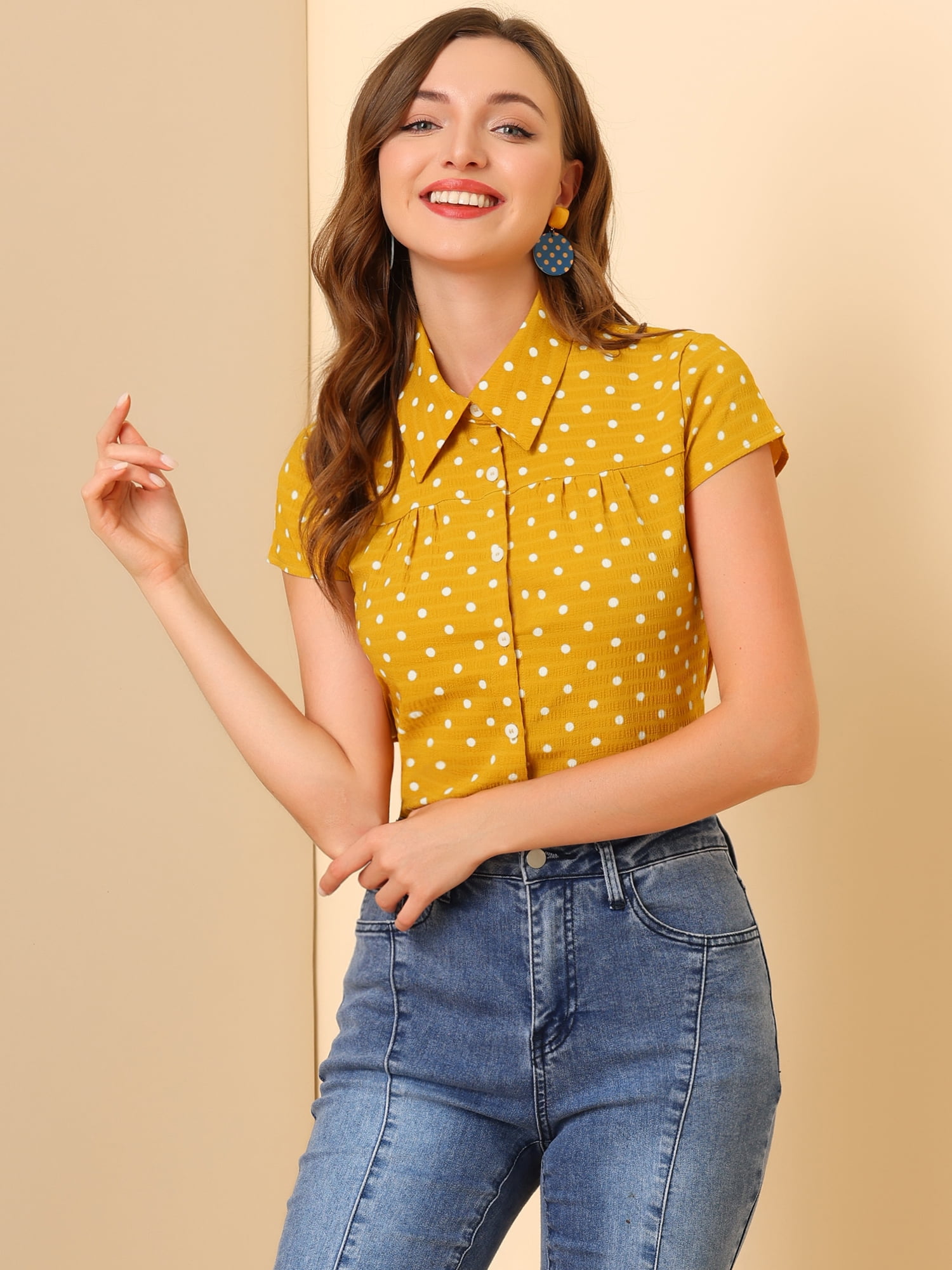 DARING DIVA Women's Retro Point Collar Short Sleeve Polka Dots Shirts 3XL Yellow