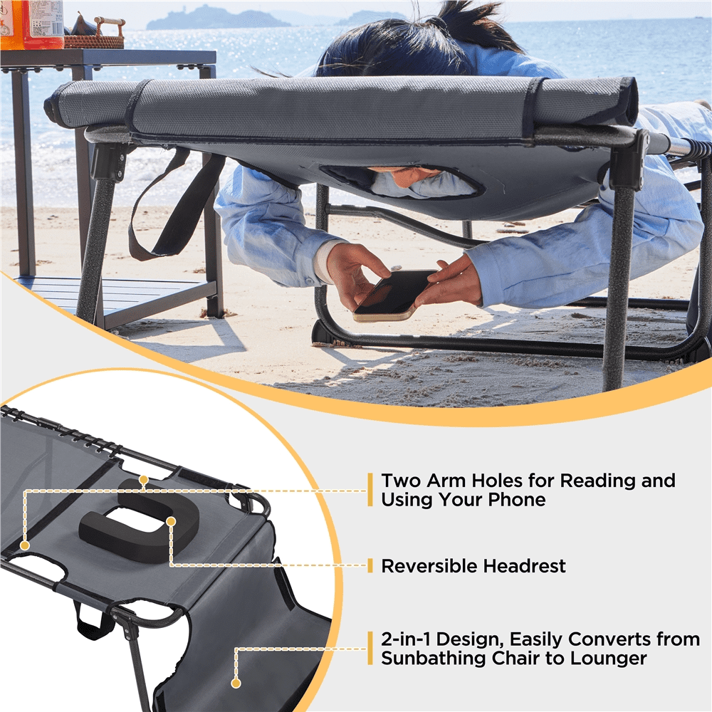 Renwick Outdoor Folding Tanning Chair with Removable Padded Cushion, Gray
