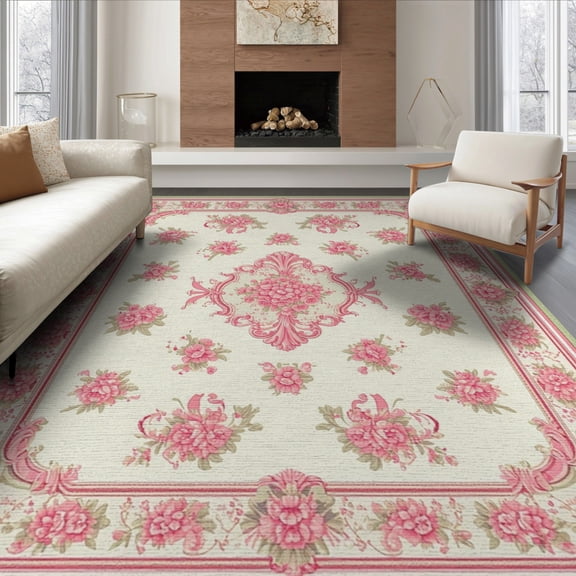 ODIKA 6'x9' Washable Area Rug Pink Coquette Vintage Ribbon Center Delicate Border Scroll Boho for Dining Room, Under Table, Office Décor, Non-Slip Chair-Friendly