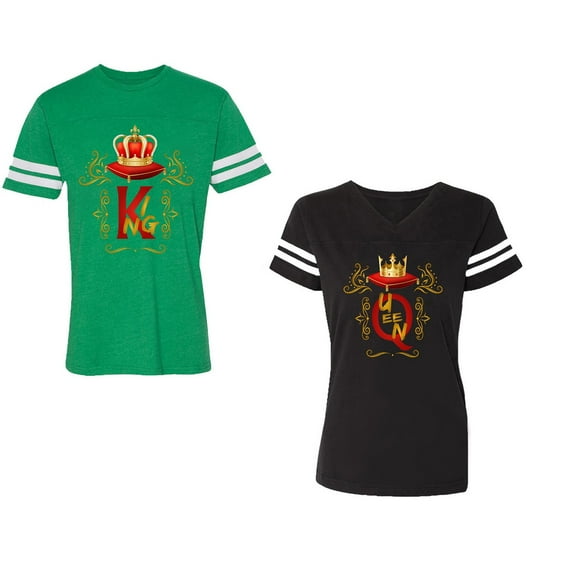 King Queen Gold Crown Unisex Couple Matching Cotton Jersey style T-Shirt Contrasting stripes on sleeves (Men Green / Women Black) (Men S / Women S)