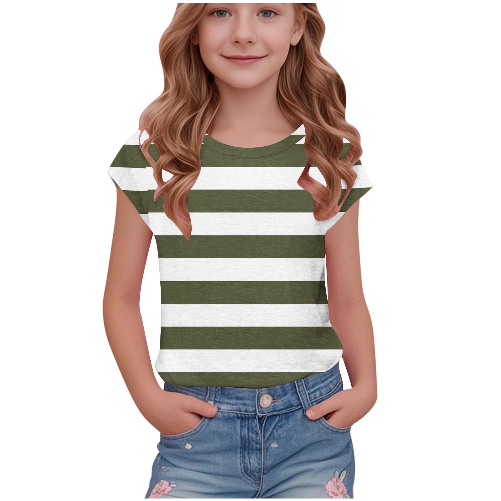 Lenpel Girls T Shirts Fashion Cap Short Sleeve Crew Neck Striped Casual Tunic Tops Summer Tee Blouses 5-15 Years