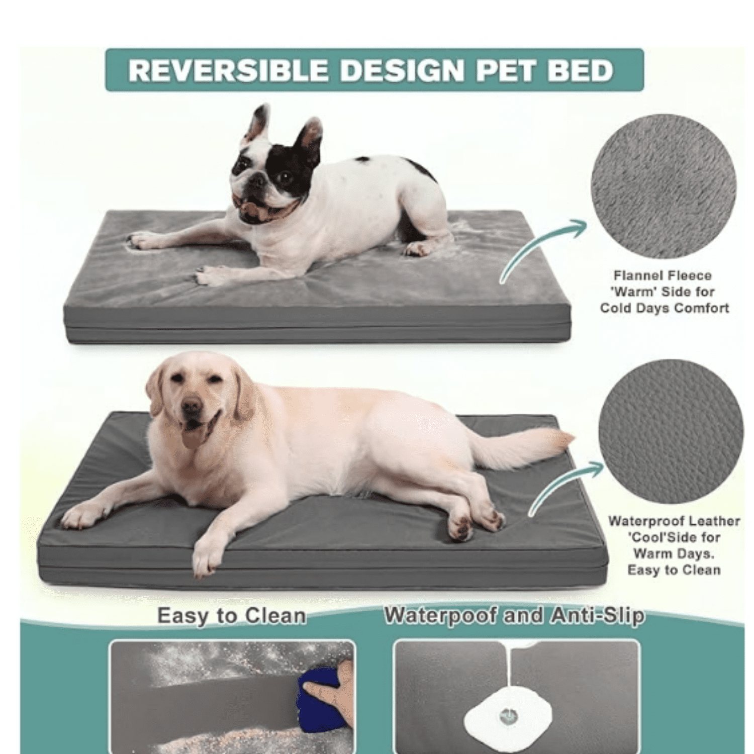 Waterproof XXL Dog Beds Large Sized Dog Outdoor Washable Crate Pad 48 Inch Jumbo XXLarge Orthopedic Foam Pet Bed With Removable Cover Reversible Durable Anti-Slip Kennel Pad 47"X29" Gray