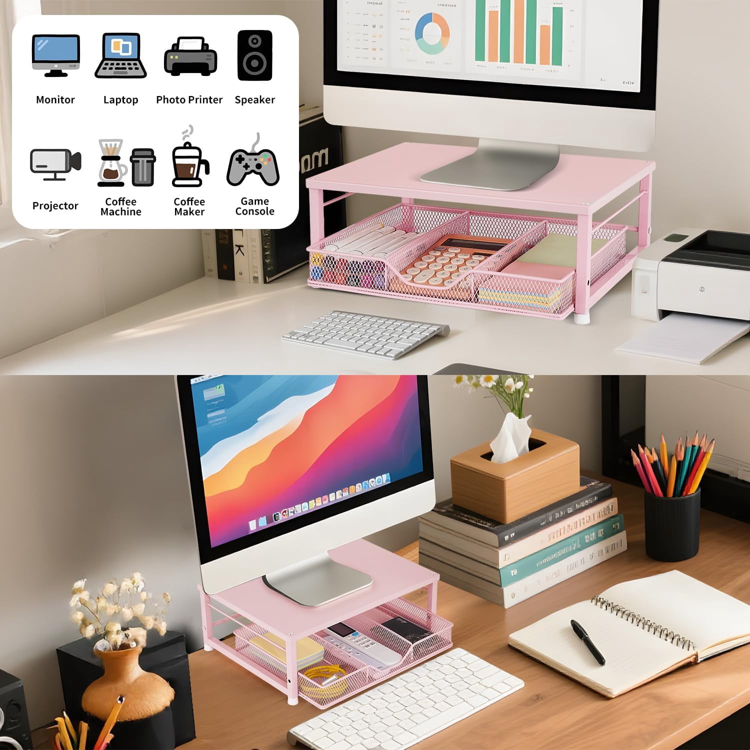 Small Pink Laptop Stand for Desk, Monitor Stand, Office Desk Accessories, Computer Desktop Stand with Drawer for Home, Office, School (Purple)