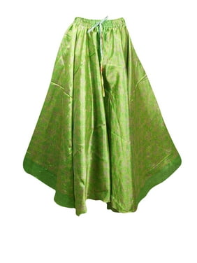 Mogul Women Green Floral Print Full Flare Boho Chic Gypsy Wide Legs Palazzo Divided Long Skirts