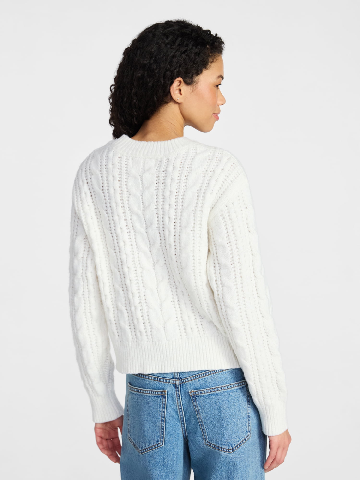 No Boundaries Cable Crewneck Drop Shoulder Sweater, Midweight, Women's XXS-XXL