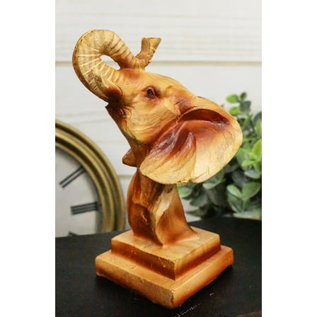 Small Safari Wildlife Elephant Bust With Trunk Up Faux Wood Carving Figurine