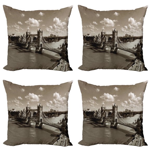Ambesonne Travel Throw Pillow Cover 4 Pack, Tower Bridge and the Sky, 24", Sepia White