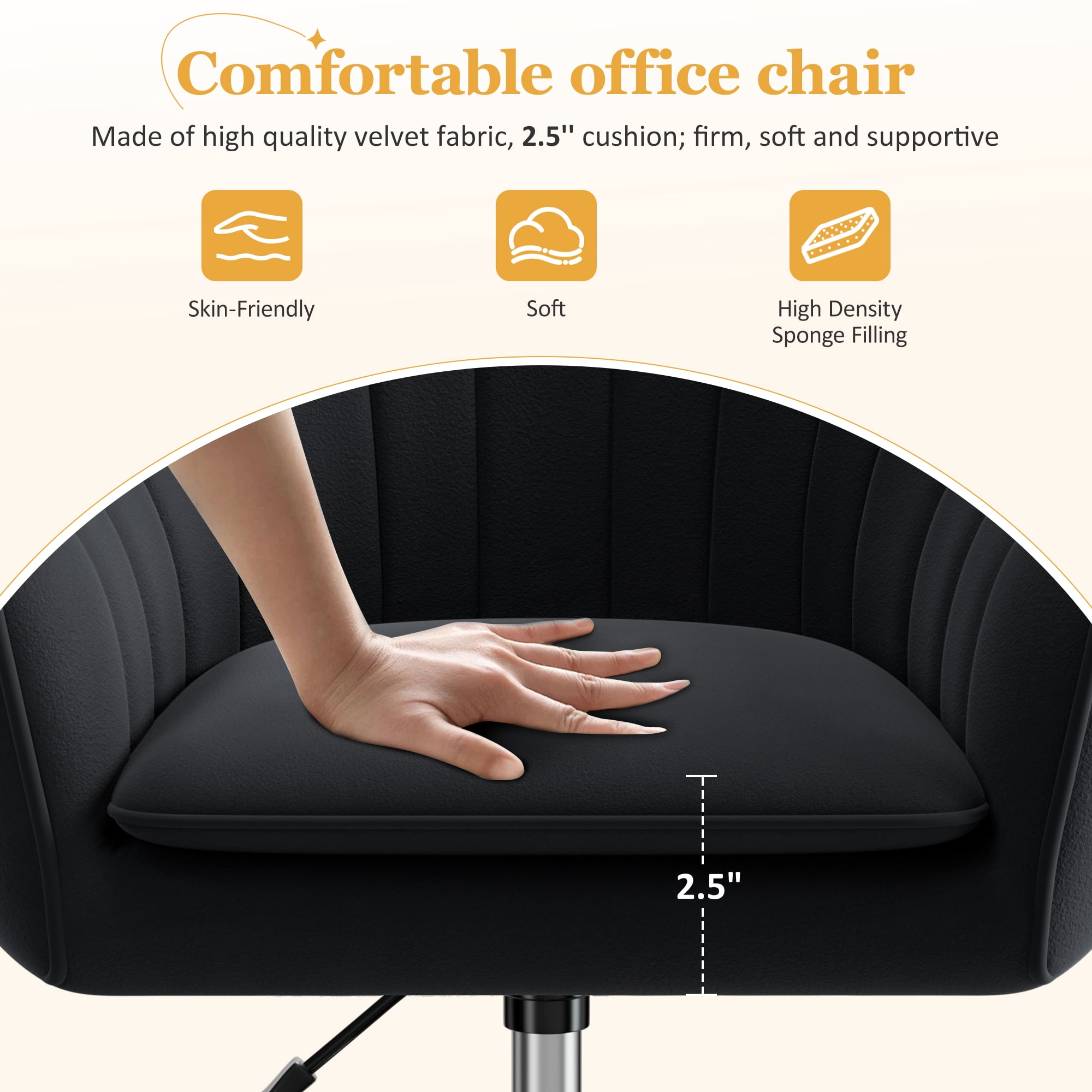 COOLHUT Office Desk Chair with Padded, Velvet Vanity Chair with Back and Wheels, Home Office Chiar with Sliver Legs, Height Adjustable, Rolling Chair for Vanity Room, Makeup Room, Bedroom, Black