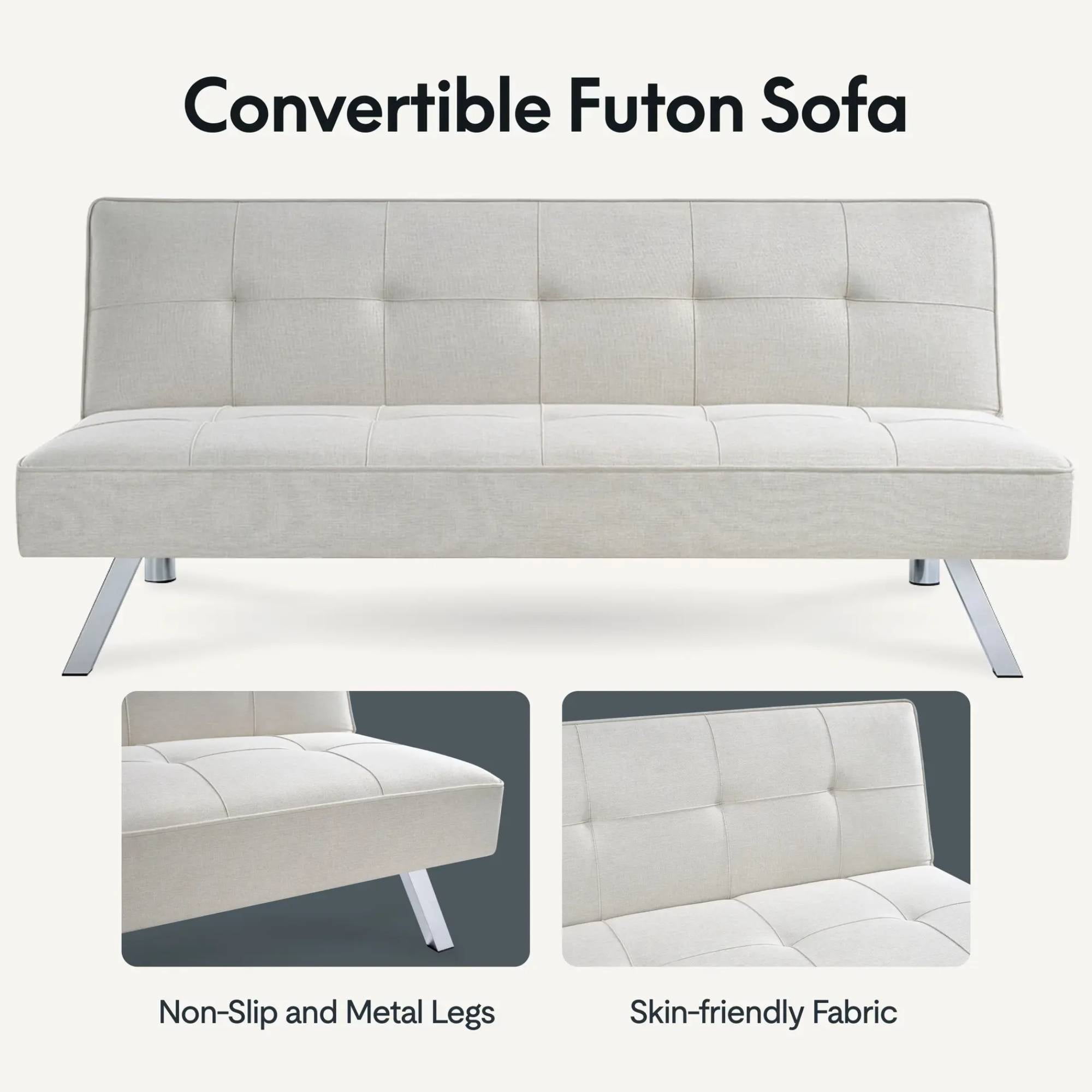 66" Futon Sofa Bed, 3-in-1 Convertible Sleeper Couch Bed for Small Spaces, Tufted Back Loveseat for Living Room, Beige