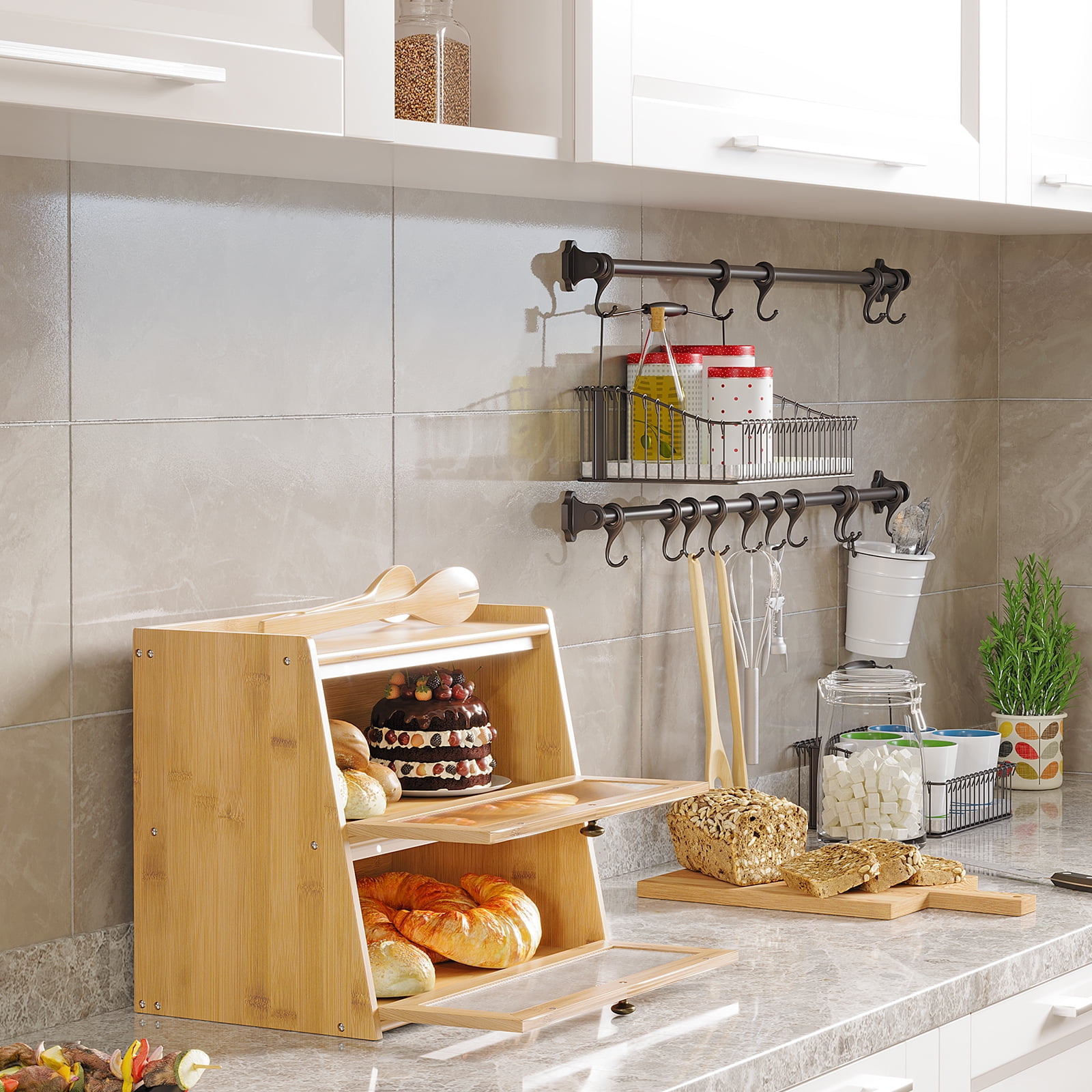 BALANBO Bread Box for Kitchen Countertop Bamboo Bread Storage Container Bin 2 Layer Breadbox Holder Large Capacity Keeper Wood Farmhouse Food Organizer Pantry Shelf Clear Window（Natural color)