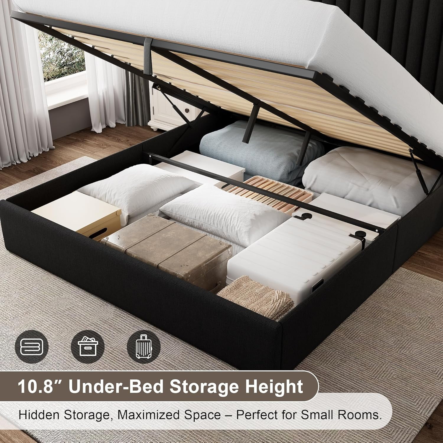 iPormis Full Size Bed Frame with Lift up Storage & Wingback Headboard, Upholstered Linen Bed Frame with Storage,Hydraulic Storage,Black
