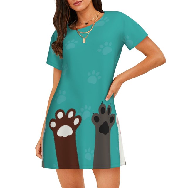 Disketp Cute Cat Paw And Dog para Camisón Corto de Manga Corta para Mujeres, Camisón Cómodo con Escote Redondo, Bonito y Confortable
