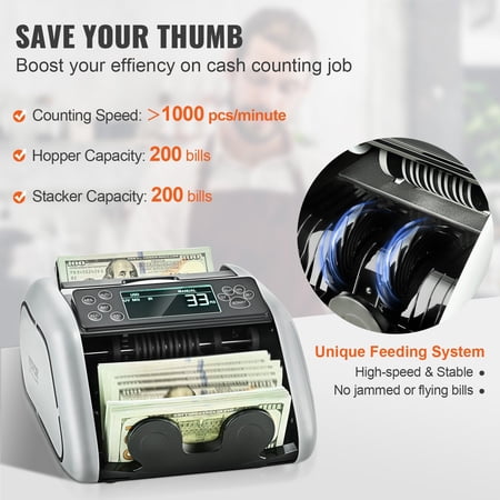 Professional Money Counter Machine with UV/MG/IR/DD Detection, Counts USD & EUR, Large LCD with External Display for Small Business & Banks