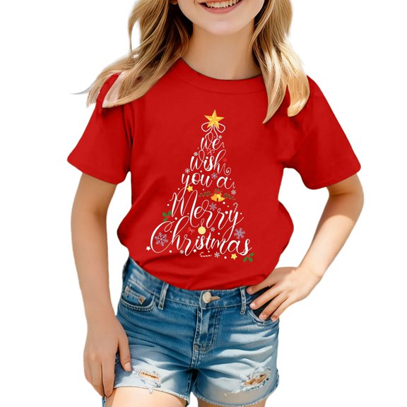 Tisuna Christmas Short Sleeve Shirt For Girls Boys Child Santa Tree Print Crewneck Tops Casual Loose Kids Christmas Outfits Red Size 18-24 Months