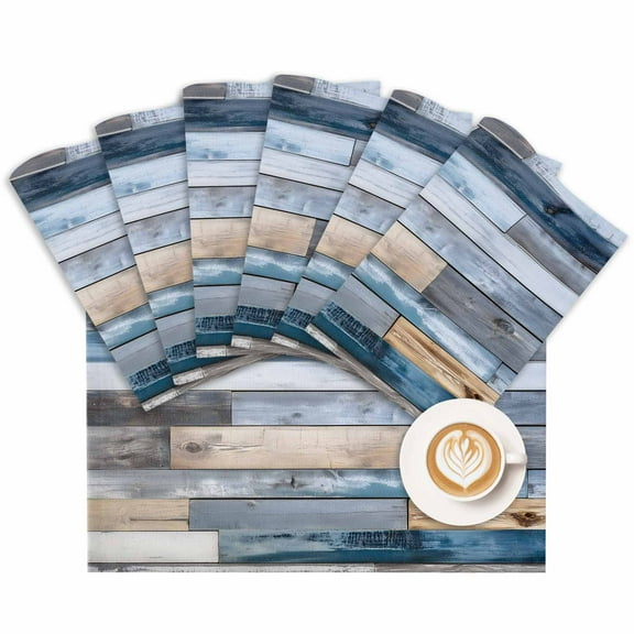 Placemat Ombre Brown Blue Wood Grain Placemats for Dining Table Farmhouse Style Washable Table Mats for Party Kitchen Dining Decoration