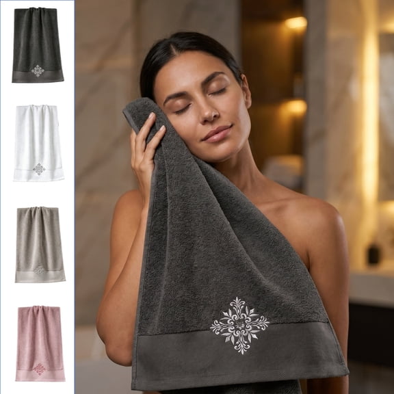Aoznliie Bath Towels, Elegant Embroidered Soft Cotton Towels for Bathroom, 29x13 inch Quick Dry Shower Towels for Dorm Summer, Black