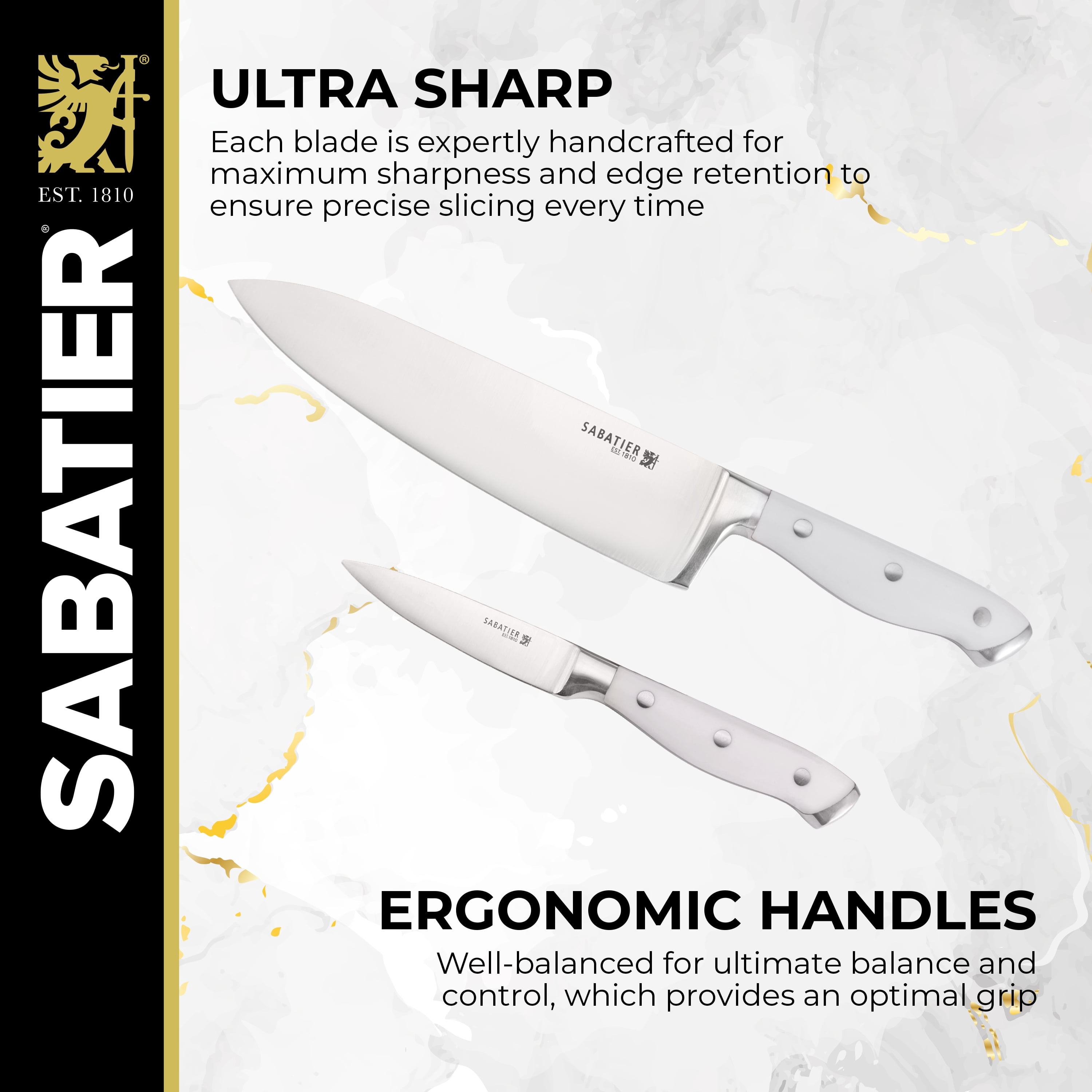 Sabatier 15 Piece Forged Knife Block Set with Acacia Wood Block, White Handles