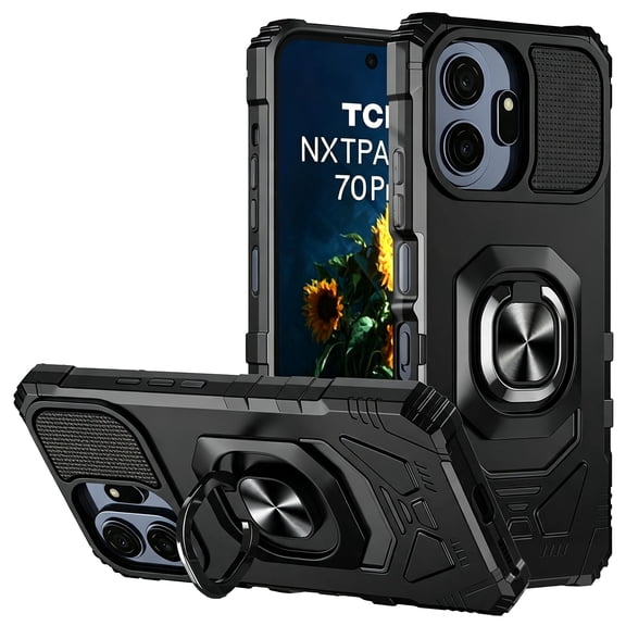 TJS Phone Case for TCL K70 5G / TCL K70 XE, [Military Grade] Robotic Magnetic Support Car Mount Metal Ring Holder Kickstand Cover (Black)