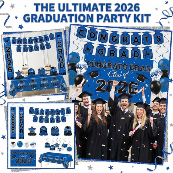 Graduation 2026 Decorations Tableware,46pcs White Blue Graduation Plates and Napkins Cups for Congrats Grad Class Of 2026 Party Supplies (Blue)