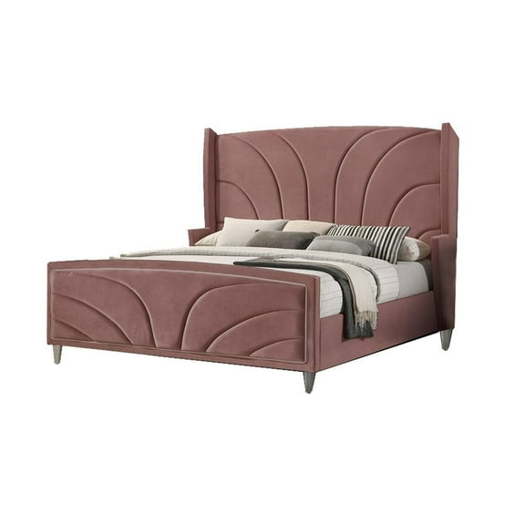 Benjara Kerith Modern Wood Queen Size Bed, Wingback Frame, Pink Velvet, Chrome Legs