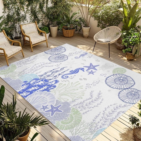 Purple Coral Outdoor Area Rug 6x9ft Decorative Indoor Outdoor Rug Starfish Seahorse Seahorse Shell Patio Area Rug for Porch, Deck, Balcony, Entryway, Camping & RV