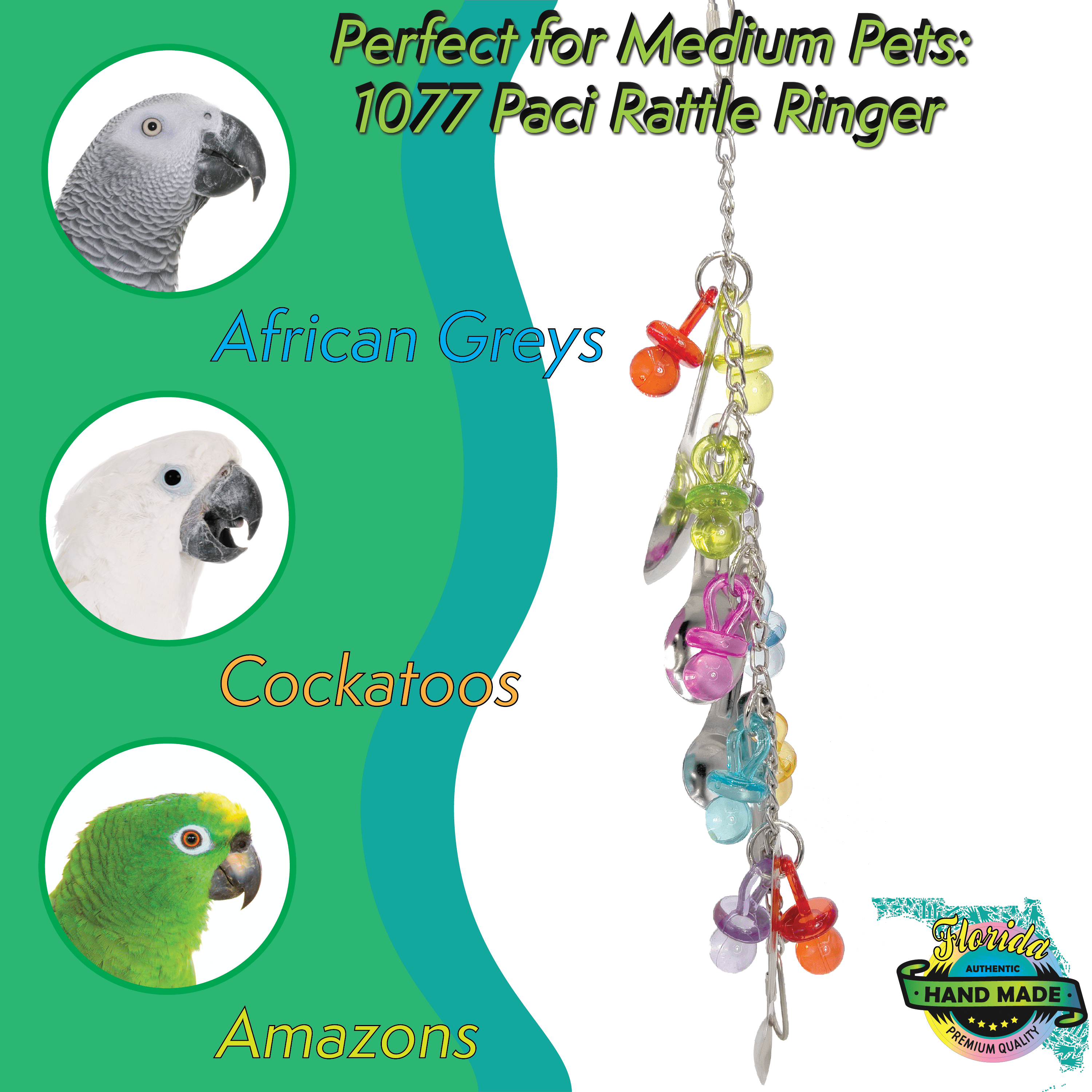 1077 Paci Rattle Ringer M&M Bird Toys - Shiny Noisy Colorful Enticing Toy