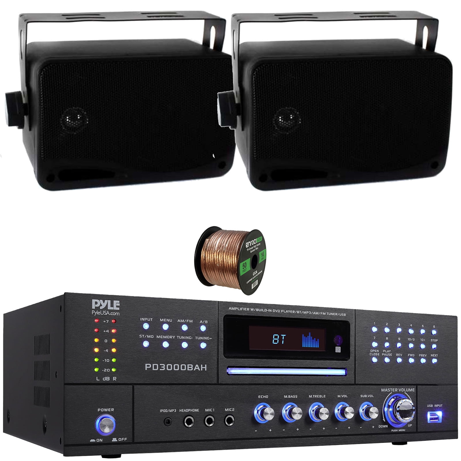 Pyle PD3000BAH 4-Channel 4000W Bluetooth Home Audio Amplifier Receiver – HDMI, USB, FM Radio, CD/DVD Player 2 Microphone, 2x 3.5'' 200W Max Power 3-Way Indoor/Outdoor Wall Mount Black Speakers W/Wire