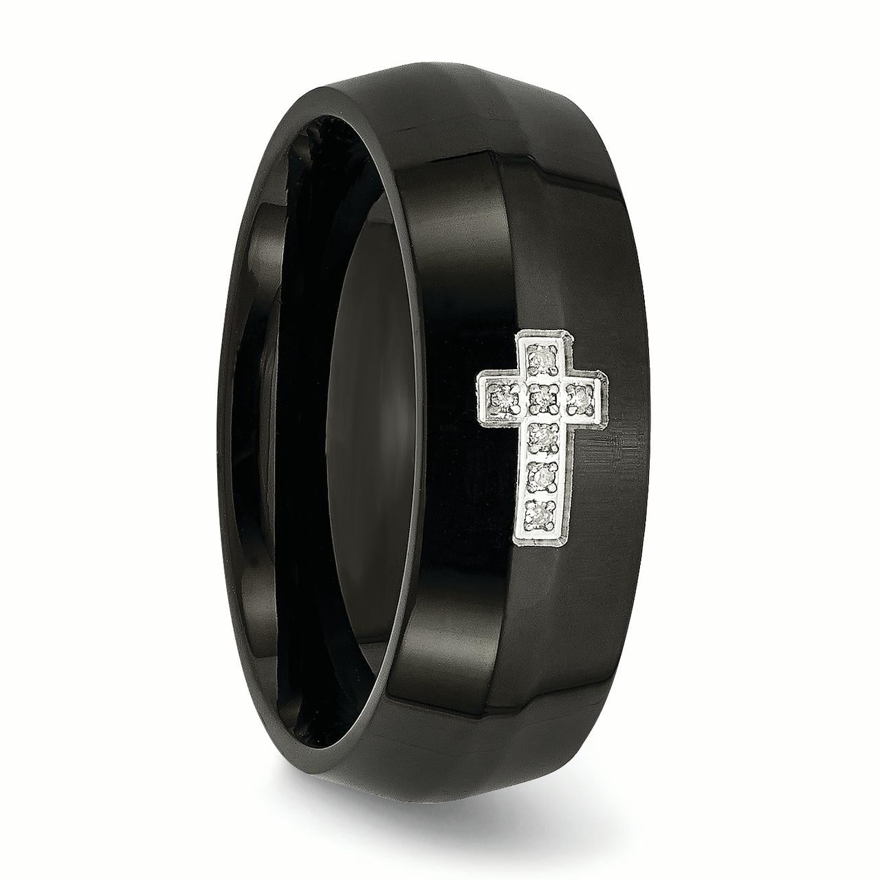 Stainless Steel Black IP-plated w/Diamond Cross Ring