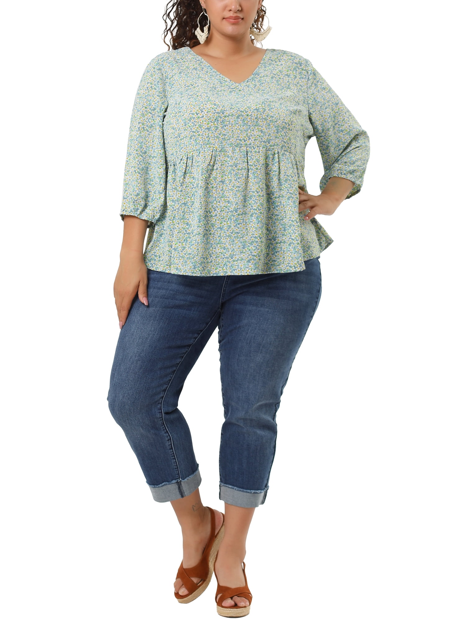 Unique Bargains Juniors' Plus Size Tops Floral Ruffle Flowy Peplum Top Light Blue 4X