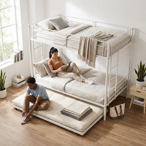 Triple Bunk Bed Twin over Twin with Trundle, Convertible Metal Bunk Bed Frame with Ladder & Guardrail, Space-Saving for Teens and Adults, Bedroom Dorm