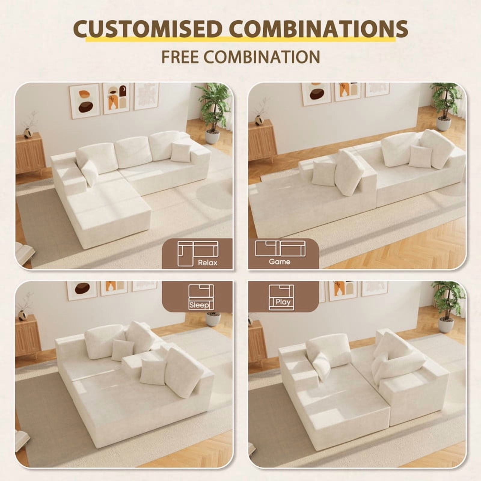 Homall 108" Cloud Sectional Sofa, Boneless Couch with L-Shape Chaise, Modular Couch with Deep Seat, No installation for Living Room & Apartment, Chenille Beige