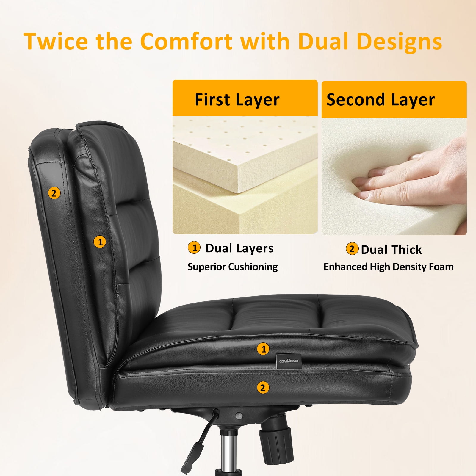 CloudRest Pro Armless Office Desk Chair, Criss Cross Swivel Chair with Wheels, Wide Seat Adult Vanity Chair for Home Office , Black