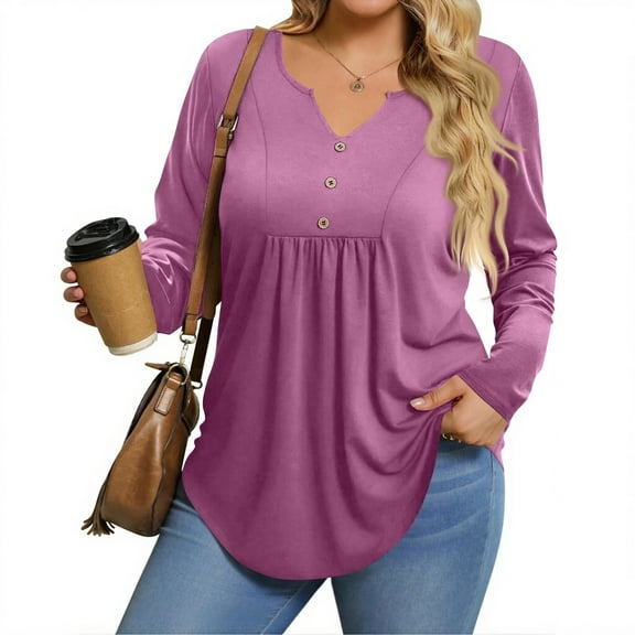 TQWQT Plus Size Blouses for Women Fashion Women's Plus Size Tunic Tops V Neck Henley Plus Size Tunics Long Sleeve Basic Tees Dressy Casual Tshirt Loose Fit Fall Outfits Purple 3XL