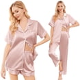 thumbnail image 3 of Ekouaer Silk Pajamas for Women Set Satin Pjs Soft Short Sleeve Button Down Sleepwear 3 Piece Loungewear, 3 of 6