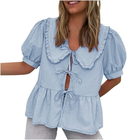 ZyeKqe Womens Striped Shirt Lace up Cute Babydoll Tops Puff Sleeve Blouse 2025 Summer Clothes