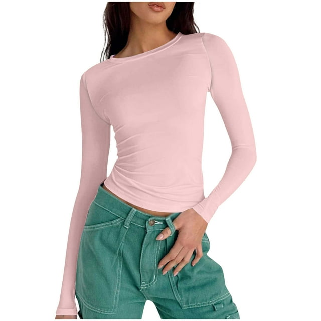 Timegard Hauts de Sortie pour Femmes Col Ras du Cou Manches Longues Ajusté Blouse Unie Décontractée Confortable T-Shirt Hauts
