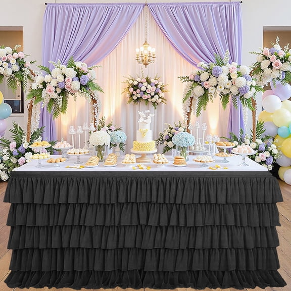Black Table Skirt 6FT Table Skirts Tulle Desk Skirts Decoration Tablecloth Cover Ruffle Tutu Rectangle Polyester with Adhesive Tape DIY