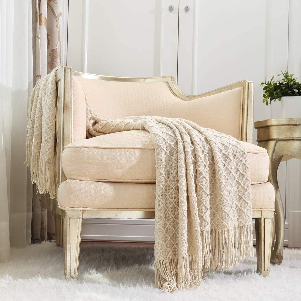 CREVENT Farmhouse Boho Knitted Throw Blanket for Couch Sofa Chair Bed Home Decoration, Soft Warm Cozy Light Weight for Spring Summer Fall (60''X80'' Beige)