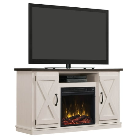 Twin Star Home Barn Door TV Stand for TVs up to 55" with ClassicFlame Electric Fireplace, Old Wood White