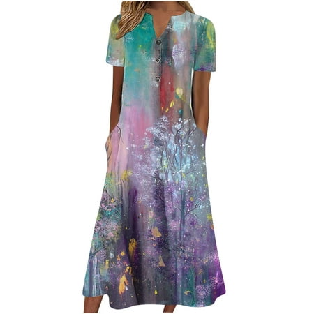 Xihbxyly Summer Dresses for Women 2024, Women's Dress Flowy Swing Floral Boho Dress Short Sleeve V Neck Dresses Vintage Beach Party Maxi Dress Temperament Pullover Dress Prime Day Deals Today 2024