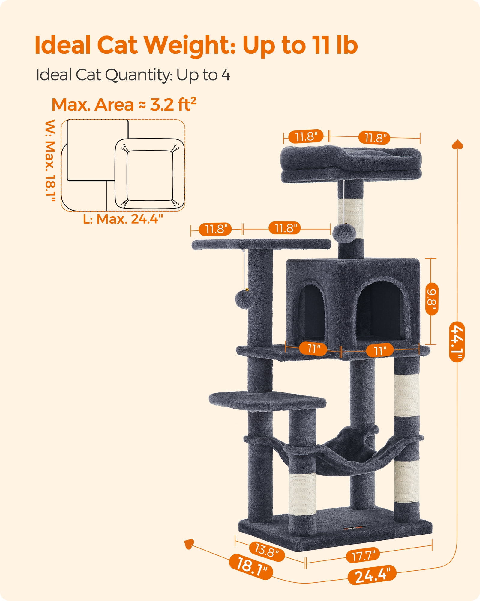 44.1'' Cat Tree Tower for Indoor Cats ,Multi-Level Cat Condo Cat Furniture with Scratching Posts,Smoky Gray