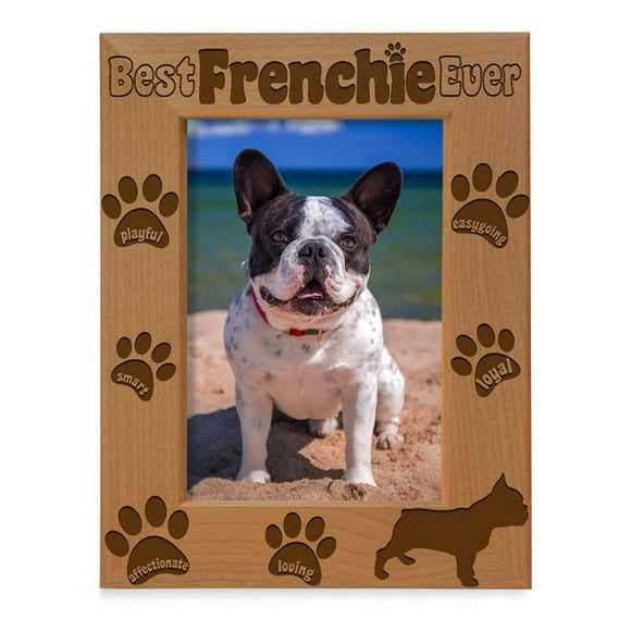 KATE POSH Best Frenchie Ever Engraved Natural Wood Picture Frame, French Bulldog Photo Frame, Pet Memorial Gifts, New Puppy Gifts, Dog Lover Gift, Paw Prints on my Heart (4x6 Vertical)