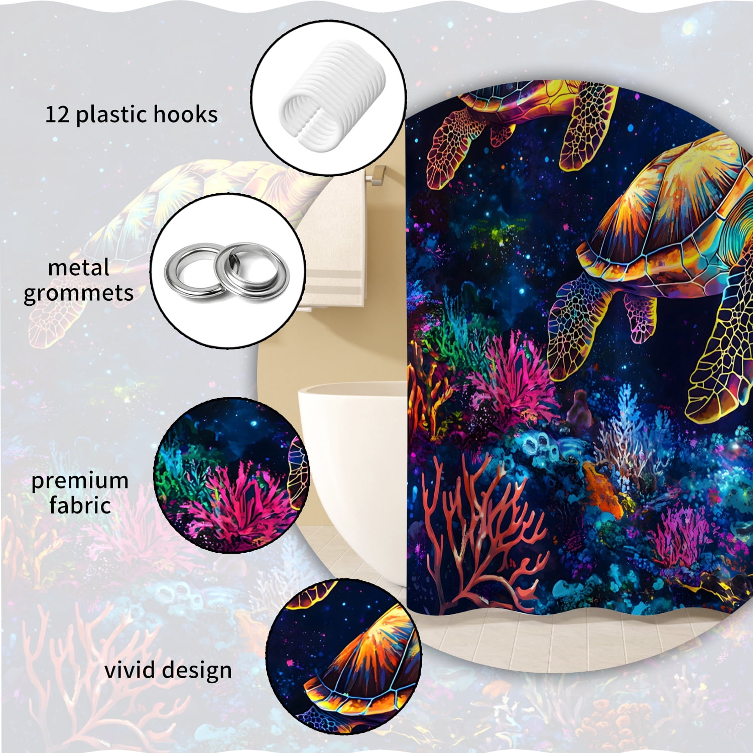MIZHONA Sea Turtle Shower Curtain Blacklight Ocean Coastal Waterproof Fabric Bathroom Curtain 72x78 in
