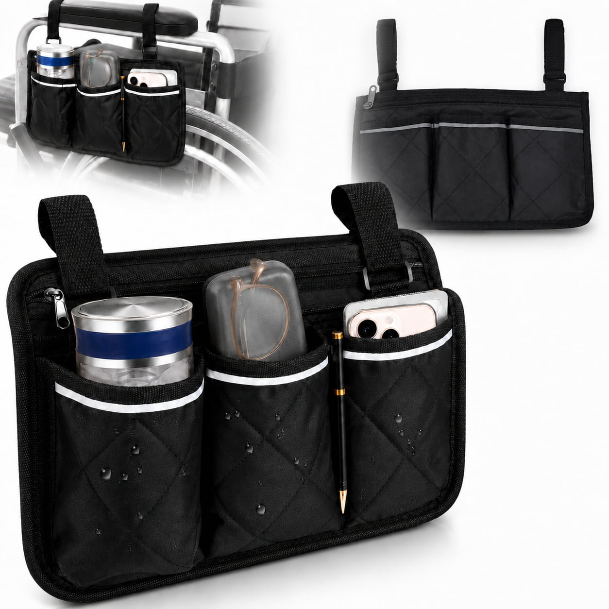 Rongsi Wheelchair Bag,Wheelchair Pouch Side Pocket,Waterproof Storage Pouches for Any Wheelchair, Mobility Scooter, Walker, Rollator Carry Accessories for Seniors Elderly Handicap